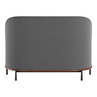 Gray upholstered sofa with a textured pattern and a sleek wood trim, complemented by black metal legs.