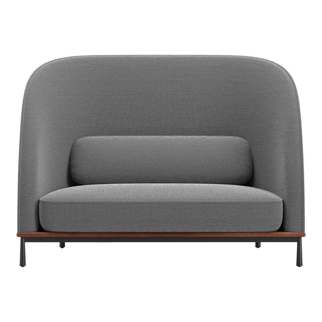Grey modern sofa with a textured fabric pattern and wooden base, featuring a minimalist design and smooth lines.