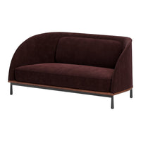 Burgundy fabric sofa with a contemporary curved design and wooden base, perfect for modern living spaces.