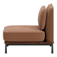 Brown textured sofa with a modern design, featuring a sleek black base and plush cushions for stylish comfort.