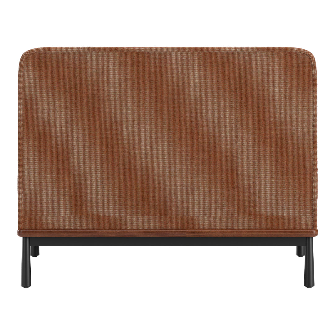 Brown textured upholstery on a modern chair with black metal legs and a wooden base. Perfect for stylish interiors.