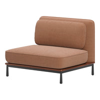 Brown textured fabric sofa chair with a modern black and wood frame. Stylish and minimalist design for any space.
