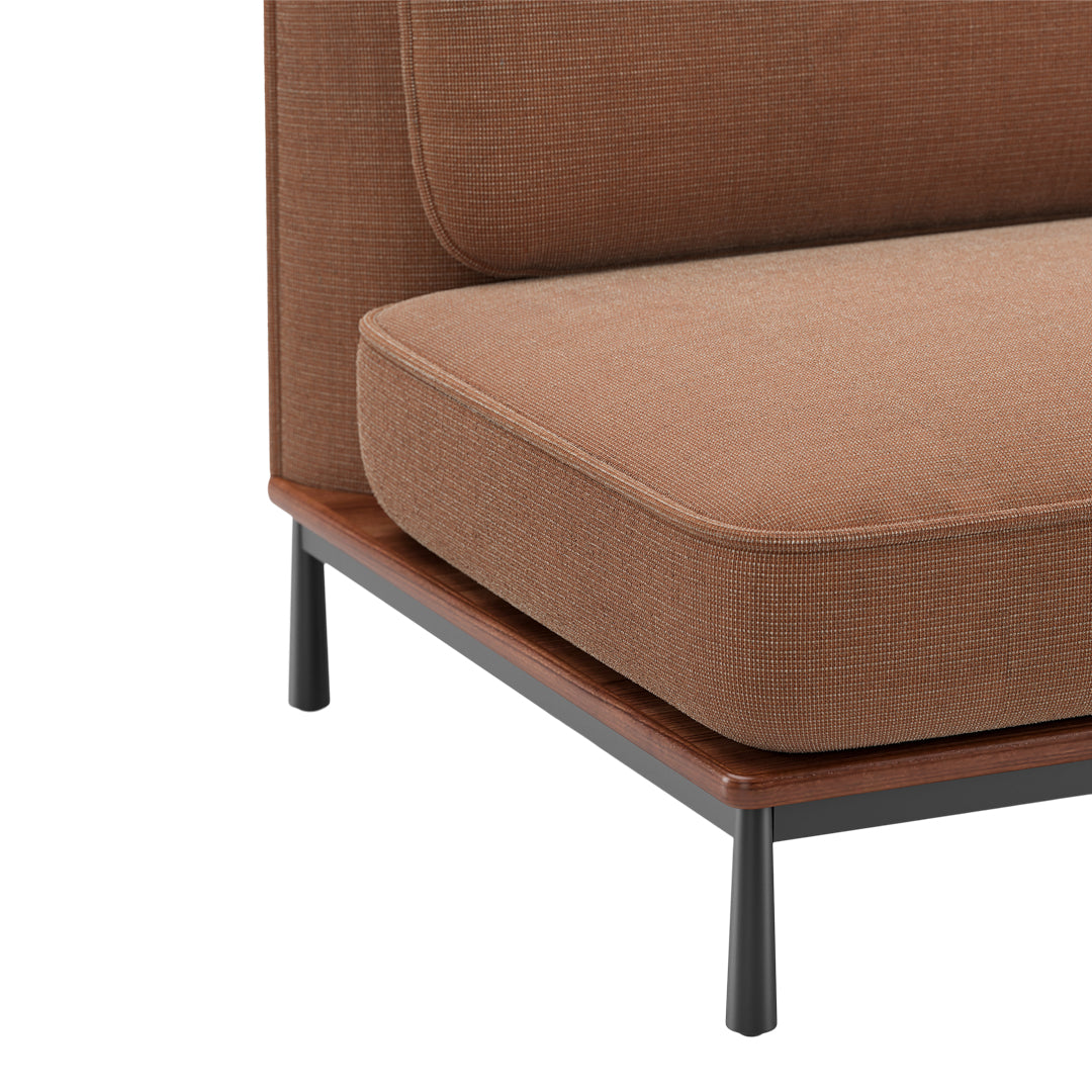 Brown textured upholstery with a sleek black metal frame and a wooden base, showcasing a modern, warm aesthetic.