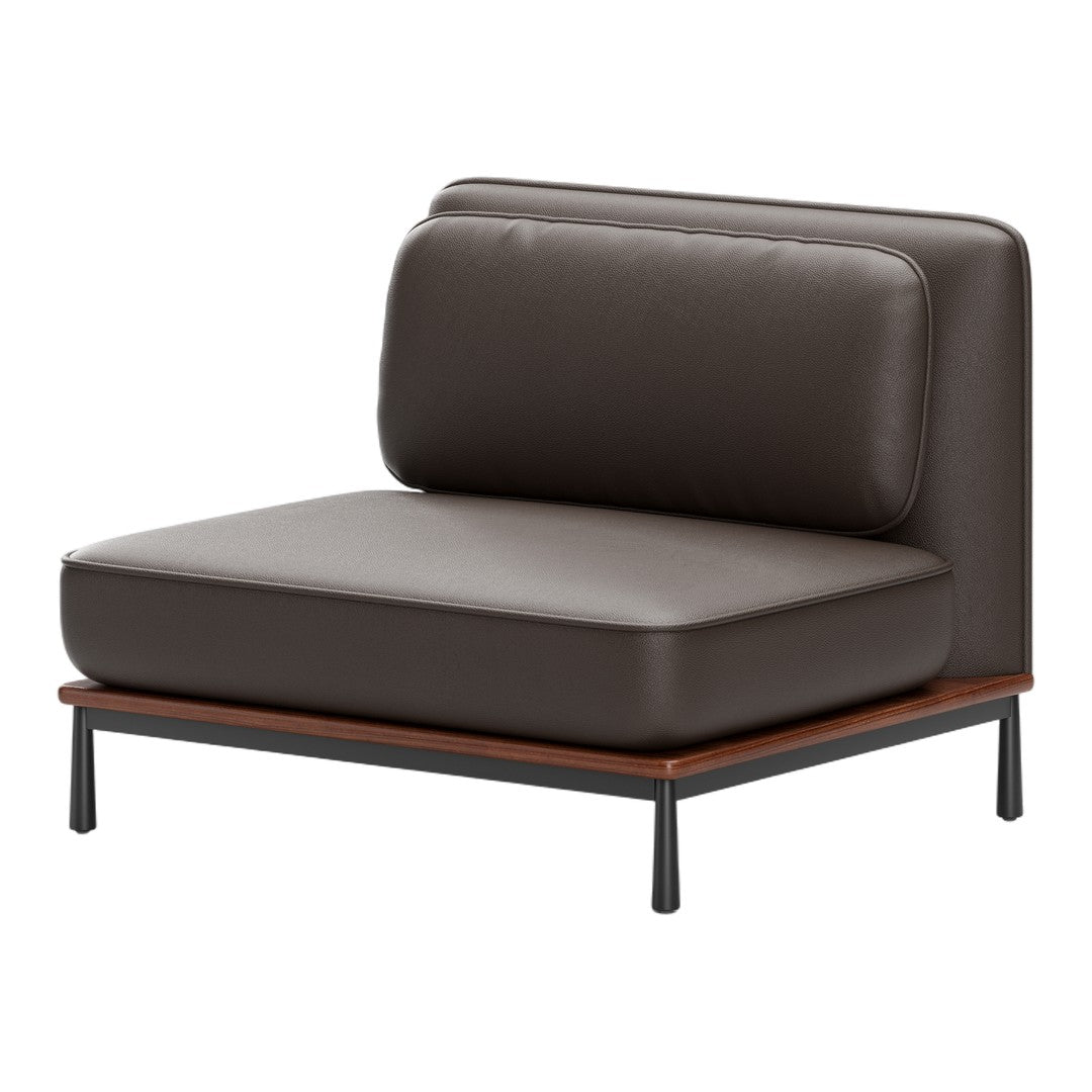 "Modern brown leather lounge chair with sleek walnut base and black metal legs, featuring a minimalist design."