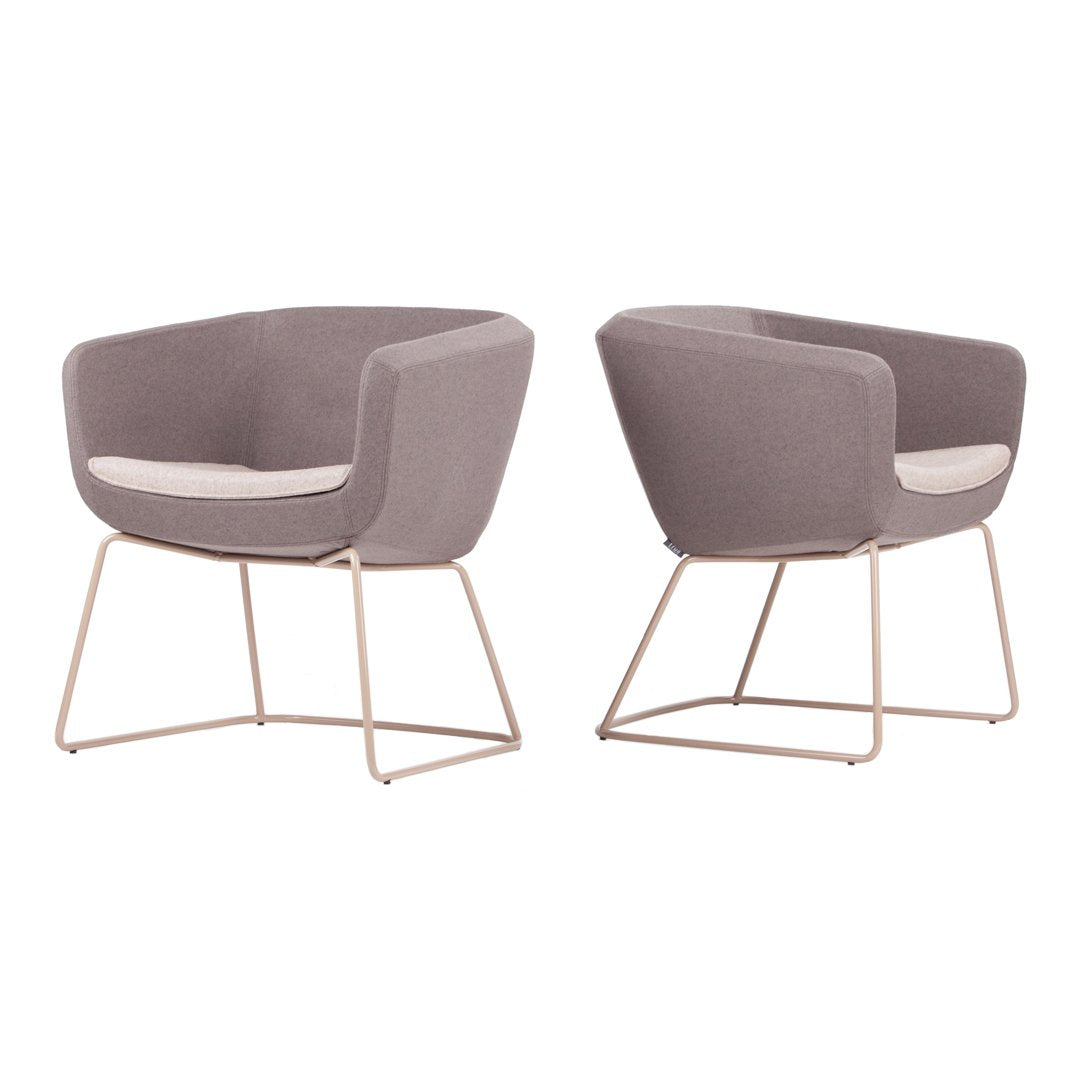 Gray upholstered armchairs with a subtle pattern and gold-toned metal bases. Ideal for modern interiors.