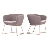 Gray upholstered armchairs with a subtle pattern and gold-toned metal bases. Ideal for modern interiors.