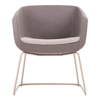 Gray upholstered chair with a smooth fabric finish and a light beige seat cushion. Minimalist metal legs in a neutral tone.