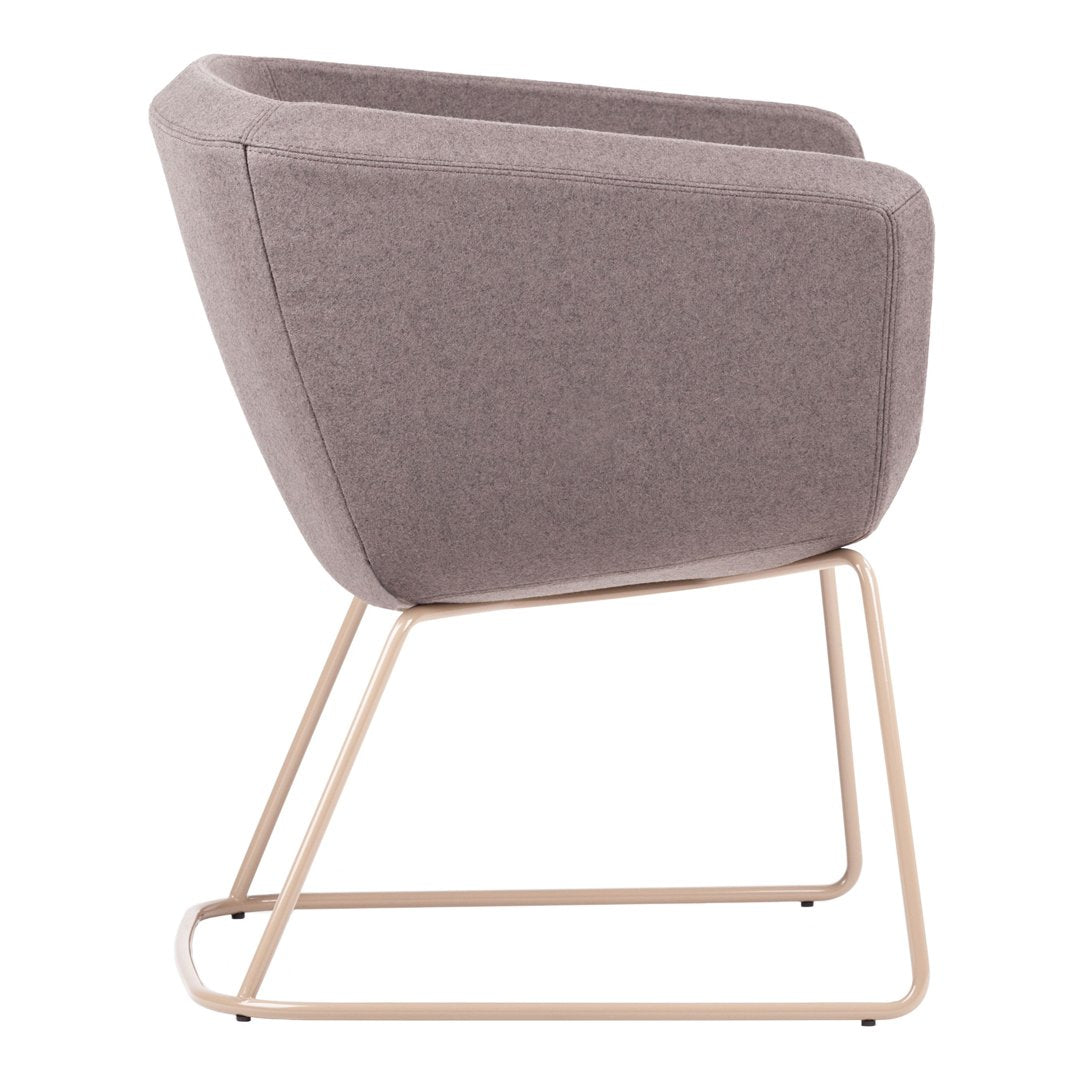Modern gray upholstered armchair with a sleek metal base, featuring a minimalist design and smooth texture.