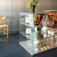 Glass display cabinet featuring a sleek, transparent design with white accents and a minimalist modern aesthetic.