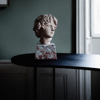 "Artistic marble bust with soft pink tones and intricate reddish patterns on a sleek black table, set against a muted green wall."