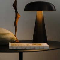 Sleek black lamp with a minimalist design, complemented by a natural wooden accent and a neutral tabletop.