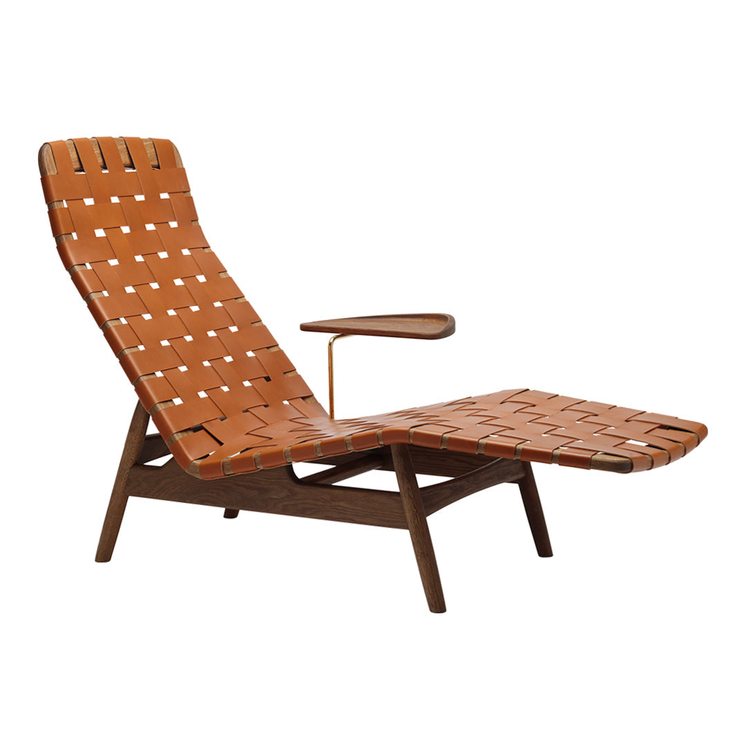Teak chaise lounge chair with a warm brown color and distinctive woven strap pattern, perfect for outdoor relaxation.