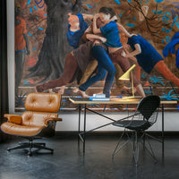 "Colorful mural with blue and brown tones, featuring dynamic patterns and vibrant figures in a modern workspace."