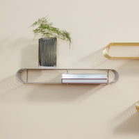 Modern wall shelf in silver and gold, featuring sleek lines and minimalistic design, with a striped pot for added texture.