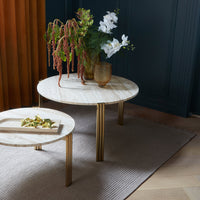 Marble-patterned coffee tables with gold legs, set on a textured beige rug, accentuated by vibrant green and white flowers.