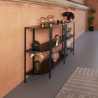 "Modern black metal shelving unit with rich brown shelves, featuring decorative vases and geometric patterns."