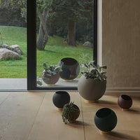 Elegant ceramic pots in matte black, green, burgundy, and beige with smooth and textured finishes, set in a natural light environment.