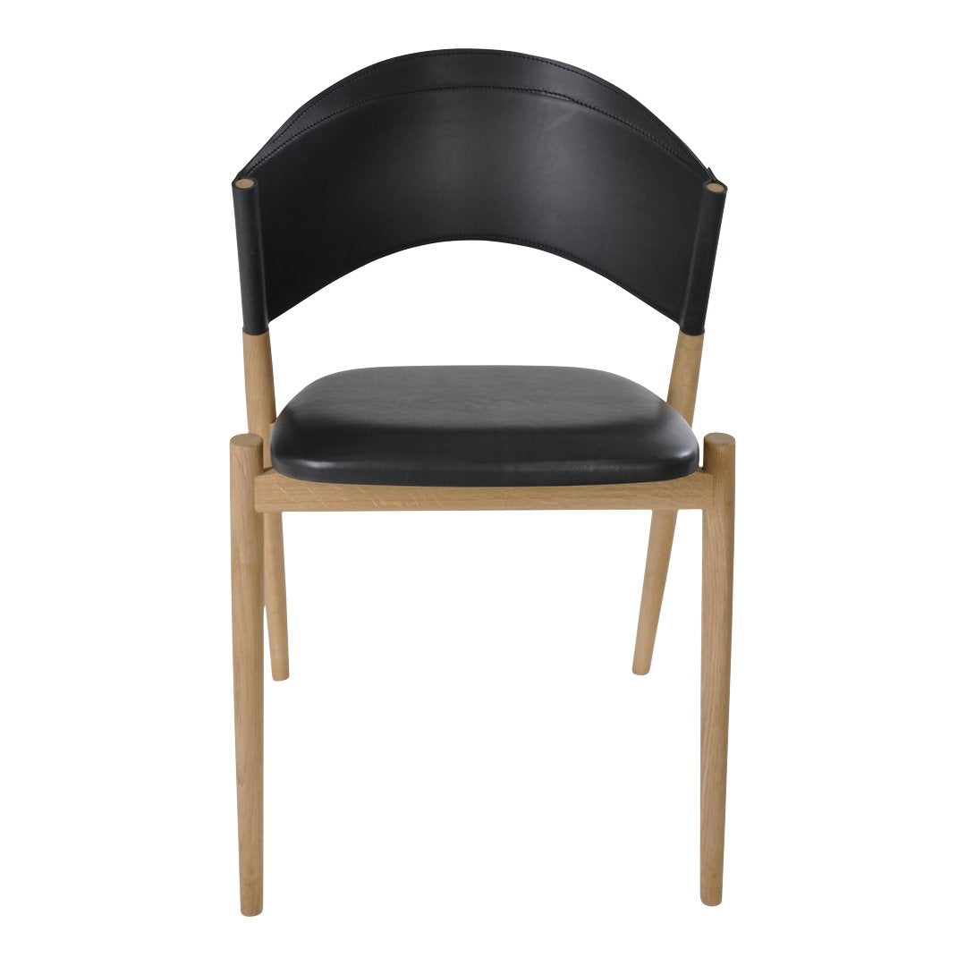 Modern black leather chair with natural wood legs, featuring smooth, sleek lines and minimalist design.