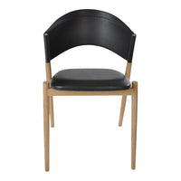 Modern black leather chair with natural wood legs, featuring smooth, sleek lines and minimalist design.
