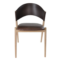 Stylish wooden chair with a dark brown seat and curved backrest, featuring a light natural wood frame.