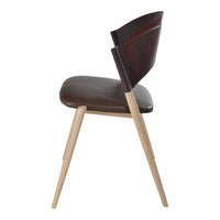 Side view of a modern chair featuring a brown leather seat and natural wood legs, with smooth, minimalist design.