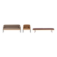 Modern sofa set featuring muted brown, tan, and rich burgundy upholstery with sleek metallic legs. Stylish and elegant design.
