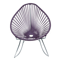 Purple Acapulco chair with a unique spiral pattern, featuring sleek silver legs for modern elegance.