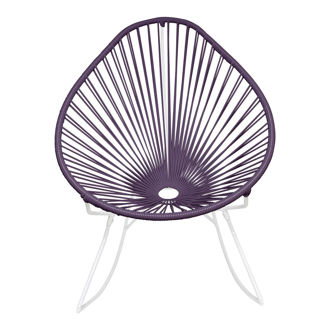 Purple Acapulco chair with striking woven pattern and white metal legs for a vibrant outdoor or indoor accent.