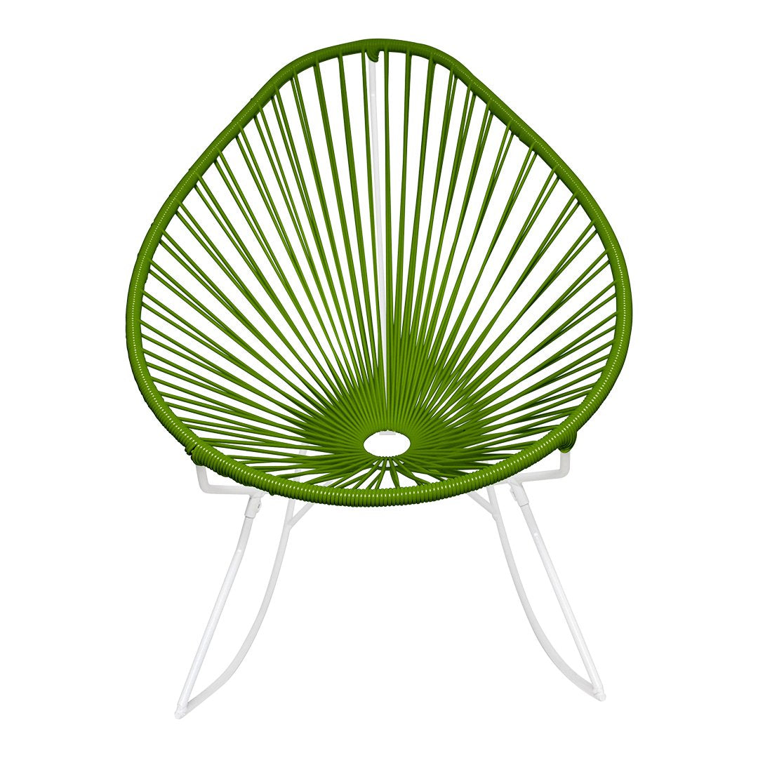 Green leaf-shaped chair with radial pattern and white metal legs. Perfect for modern outdoor or indoor decor.