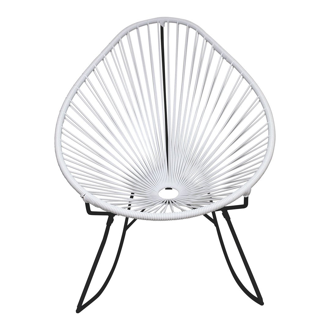 White ribbed chair in a unique flower shape with black metal legs, perfect for modern decor.
