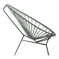 "Stylish olive green chair with sleek black metal frame and modern pattern of crisscrossed lines."