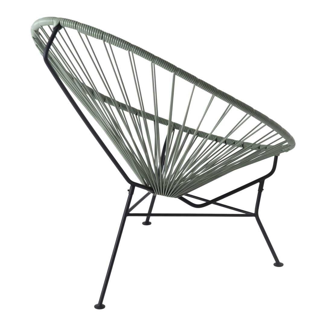Green woven seat with a geometric pattern, set on a sleek black metal frame. Ideal for modern or bohemian decor.