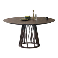 Round wooden dining table with a dark walnut finish and a geometric base featuring a natural wood tone and sleek lines.