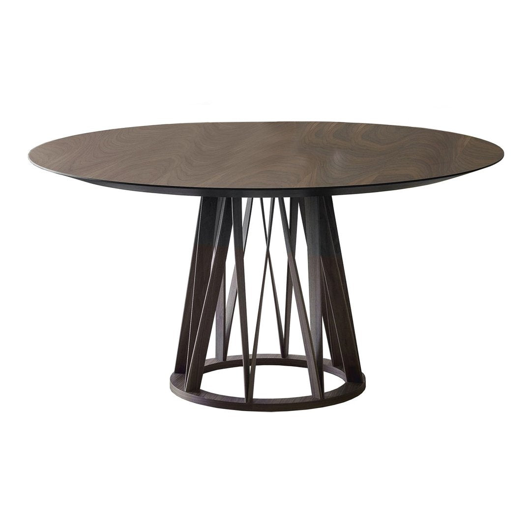Round wooden table with a dark brown finish and geometric metal base, featuring a sleek, modern design.