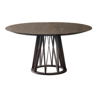 Round wooden table with a dark brown finish and geometric metal base, featuring a sleek, modern design.