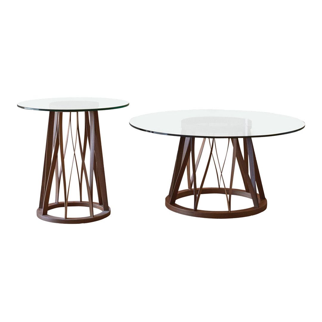 White glass tops with brown wooden triangular base patterns. Stylish modern side and coffee tables for any decor.