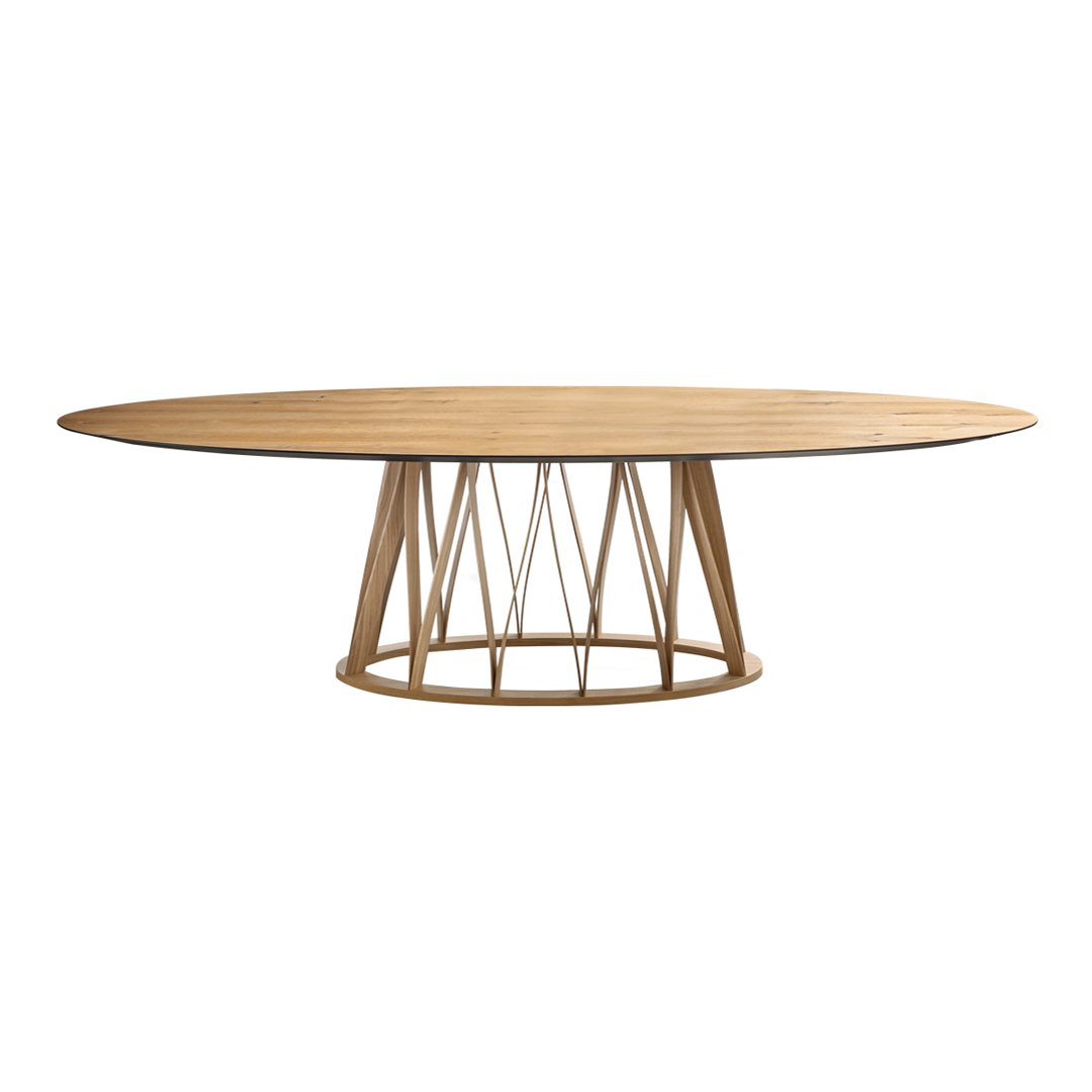 Oval wooden dining table with a natural finish and sleek geometric base in light wood tones. Classic, modern design.