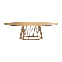 Oval wooden dining table with a natural finish and sleek geometric base in light wood tones. Classic, modern design.