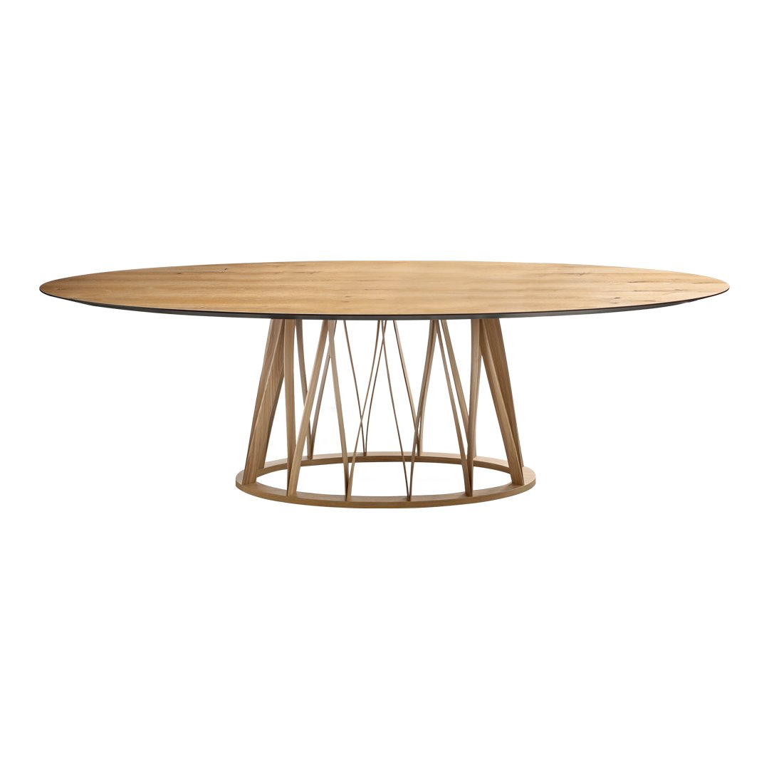 Natural wood oval dining table with a light finish and geometric base pattern in warm tones. Modern and stylish design.