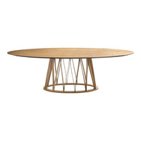 Natural wood oval dining table with a light finish and geometric base pattern in warm tones. Modern and stylish design.