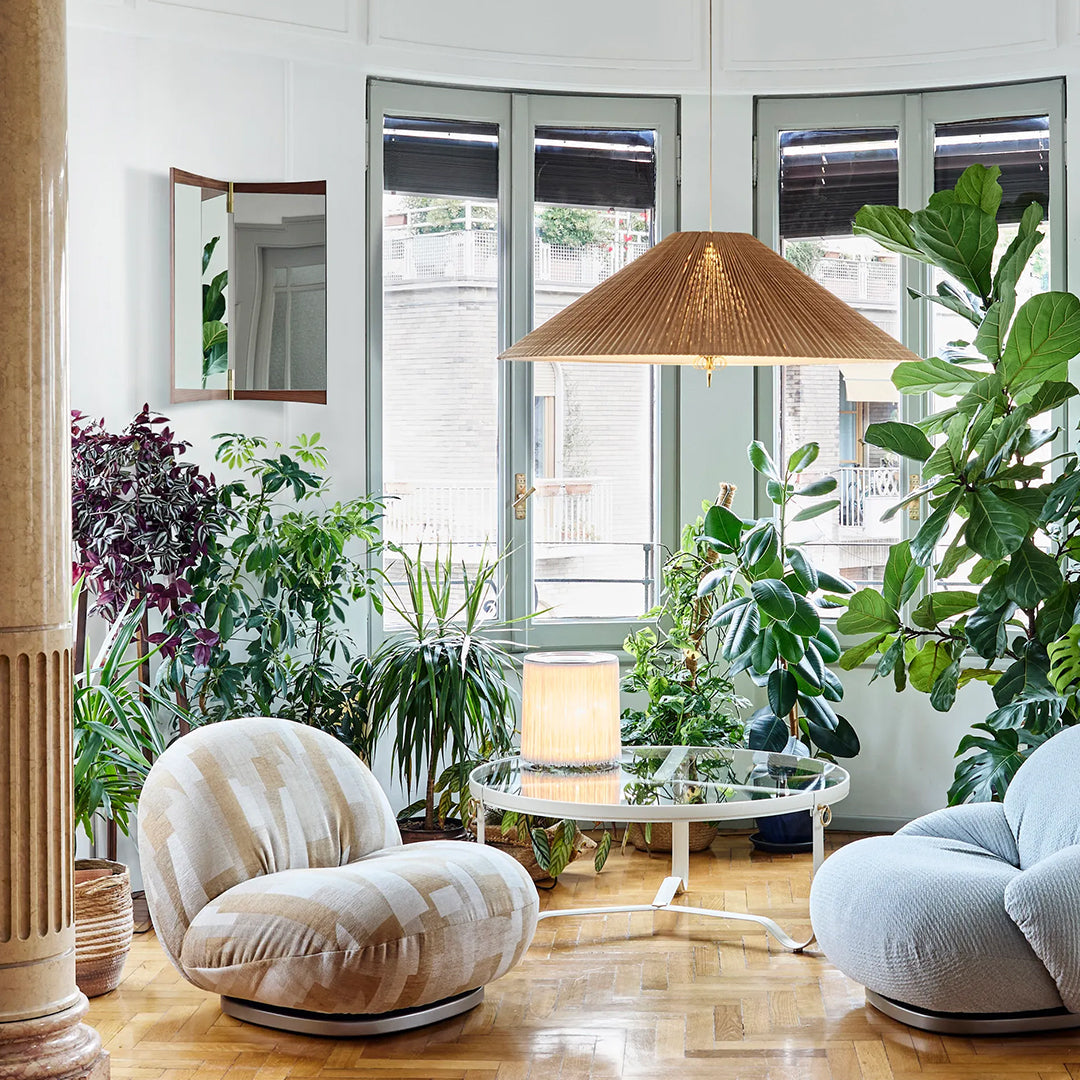 Soft beige and light blue upholstered chairs with circular patterns in a bright, green indoor plant setting.