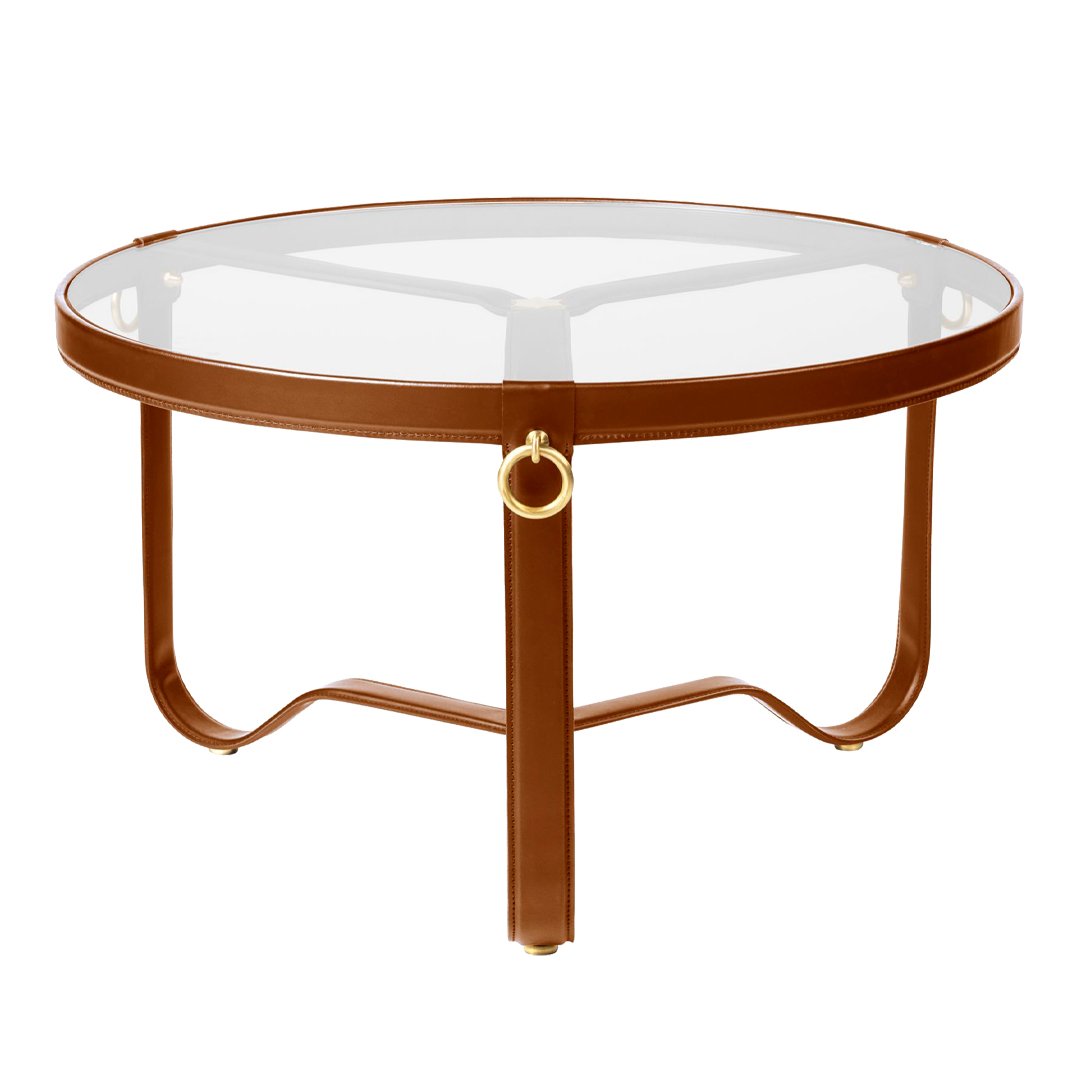 Round glass coffee table with a sleek brown metal base and elegant gold accents. Modern and stylish design.