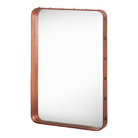 "Rectangular mirror with a warm wood frame and sleek, minimalist design."