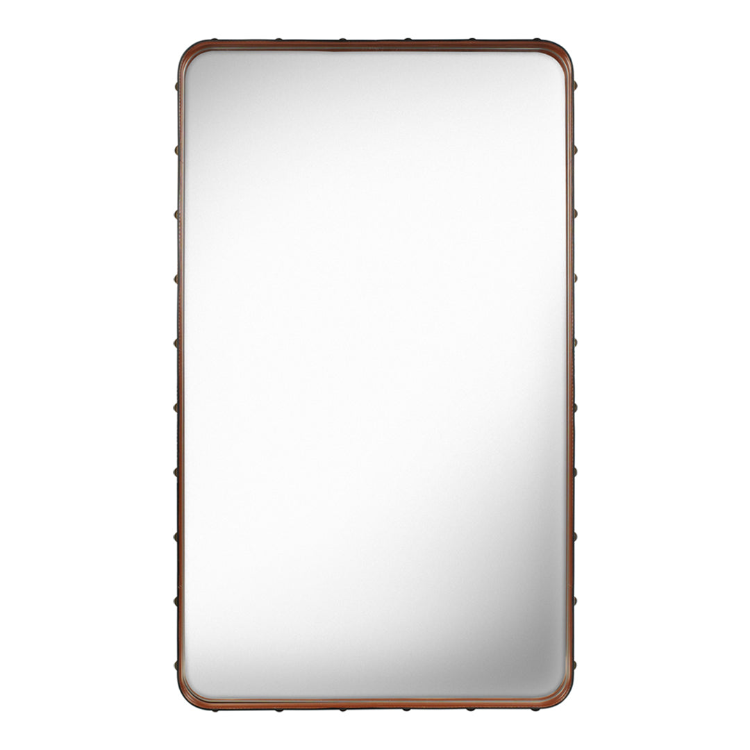Rectangular mirror with a sleek silver surface and a decorative brown frame featuring subtle textured accents.