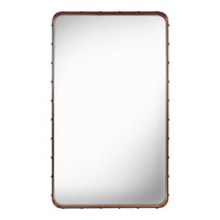Rectangular mirror with a sleek silver surface and a decorative brown frame featuring subtle textured accents.