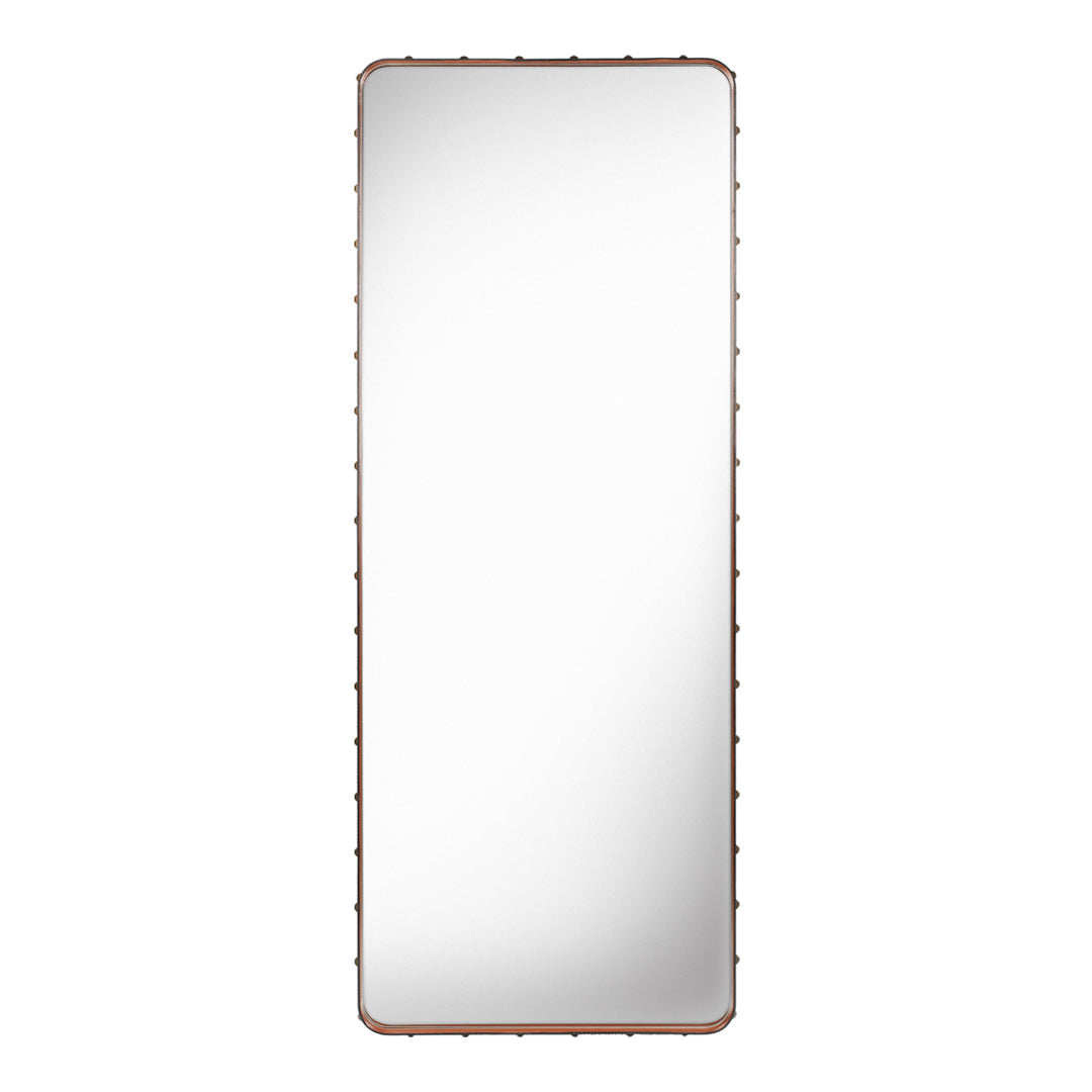 Tall, rectangular mirror with a simple metal frame, featuring a warm bronze finish.