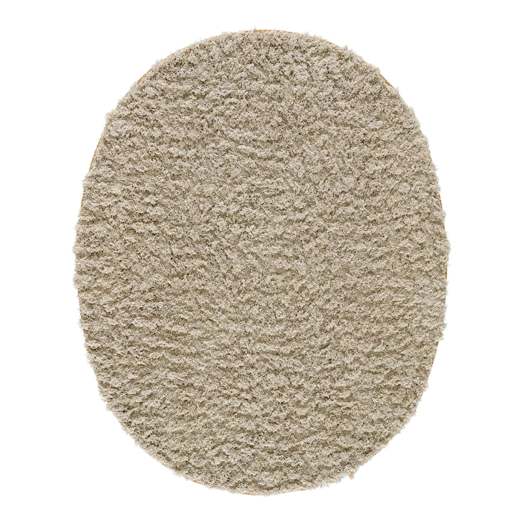Soft beige oval rug with a fluffy texture, ideal for cozy decor. Perfect for indoor spaces.