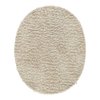 Soft beige oval rug with a textured, plush surface, perfect for adding warmth to any space.