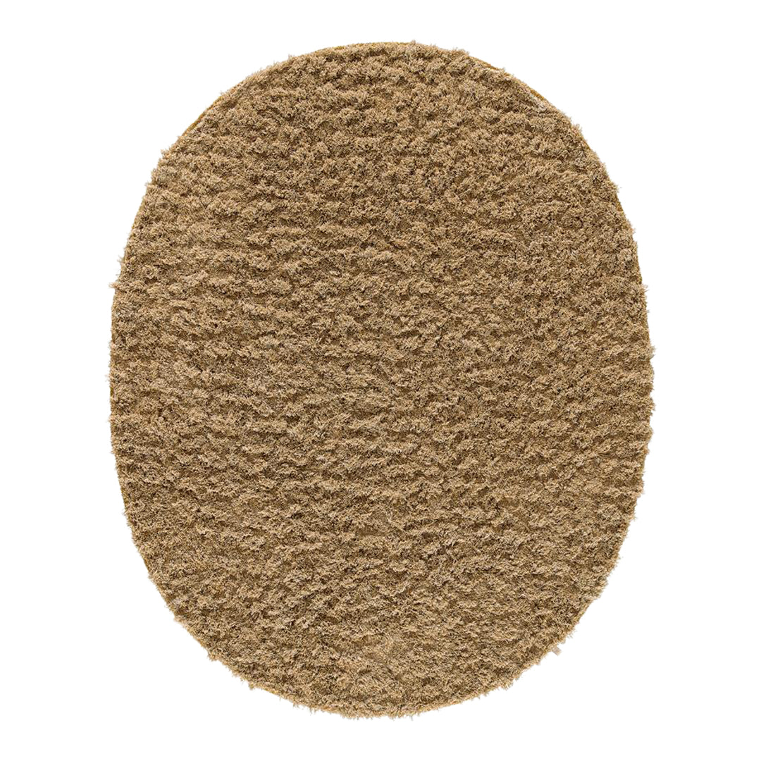 Soft, textured oval rug in warm beige tone, featuring a cozy, plush shag pattern for enhanced comfort.