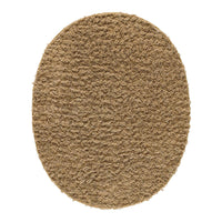 Soft, textured oval rug in warm beige tone, featuring a cozy, plush shag pattern for enhanced comfort.